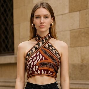 NWT Johanna Ortiz Yoruba Crop Top in Russet Terracotta, Black, & Ecru Sz 8